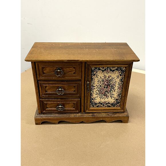 None and/or Unknown Other - Vintage Wood Jewelry Box Floral Tapestry  3 drawers Necklace Ring Carousel